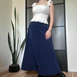 Vintage Navy Blue Lightweight Flowy Button Down Skirt with Décor Buttons